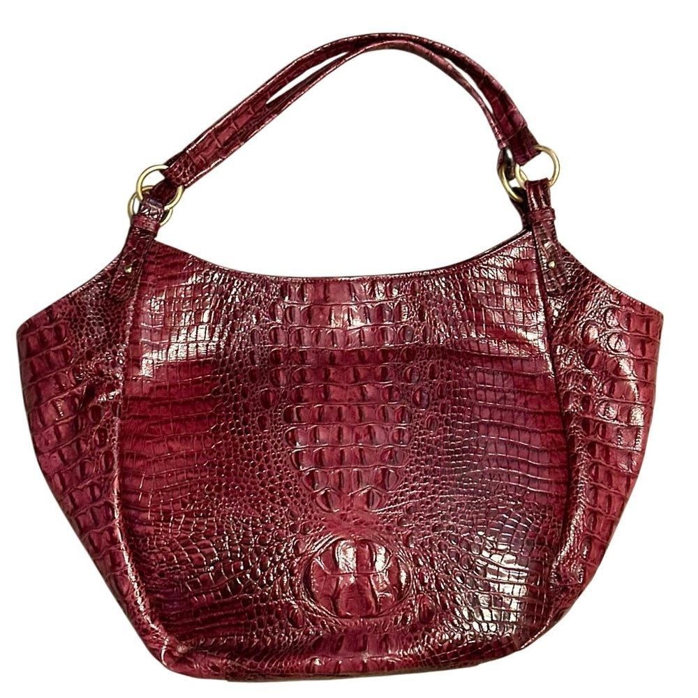 Brahmin Jacqueline Melbourne Fig Croc Embossed Wine Hobo Shoulder Bag Tote Gold - Picture 12 of 16